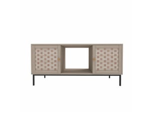 Table basse en bois avec placage effet cannage, table rectangulaire avec 4 portes coulissantes, design symétrique, meuble de rangement pour salon