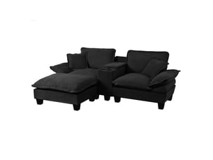 Canapé d’angle modulaire 224 x 151 x 90 cm, porte-gobelets, espaces de rangement, usb, chenille noire