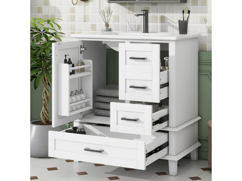  Meuble sous vasque avec 1 porte, 3 tiroirs et lavabo en céramique pour salle de bain, en mdf, blanc, 76×46×83,5 cm  - Conforama C