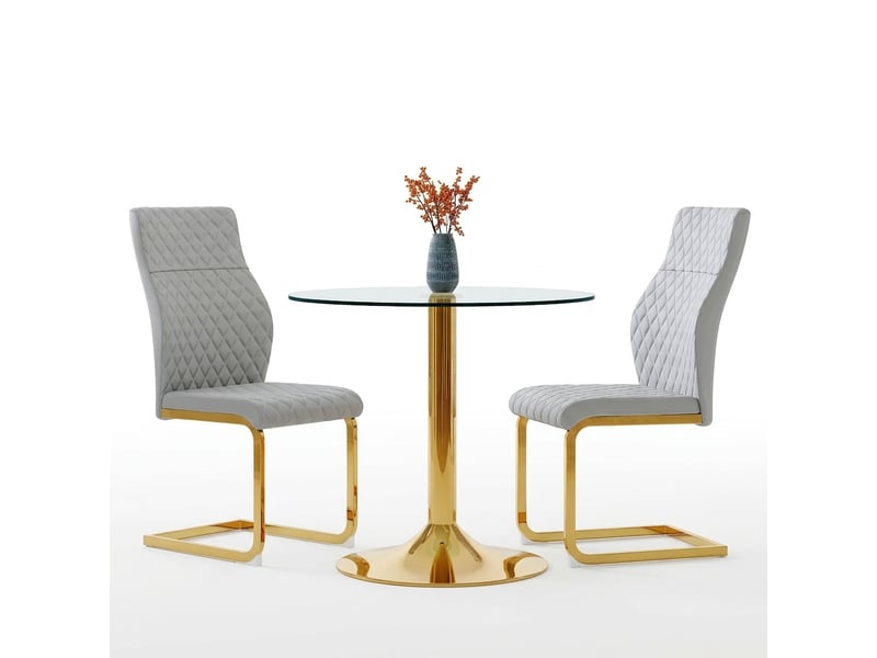  Ensemble table ronde ø85 cm et 2 chaises, verre et assises gris clair, pieds dorés  - Conforama A