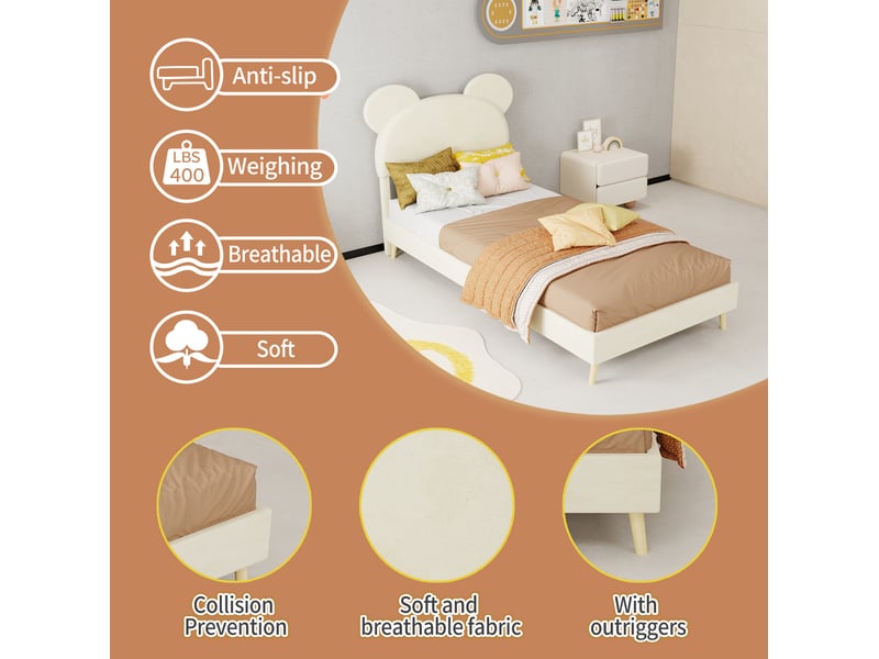  Lit pour enfant, 90x200 cm, lit simple avec tête de lit dessin animé, matelas non inclus, tissu et métal, coloris beige  - Conforama E