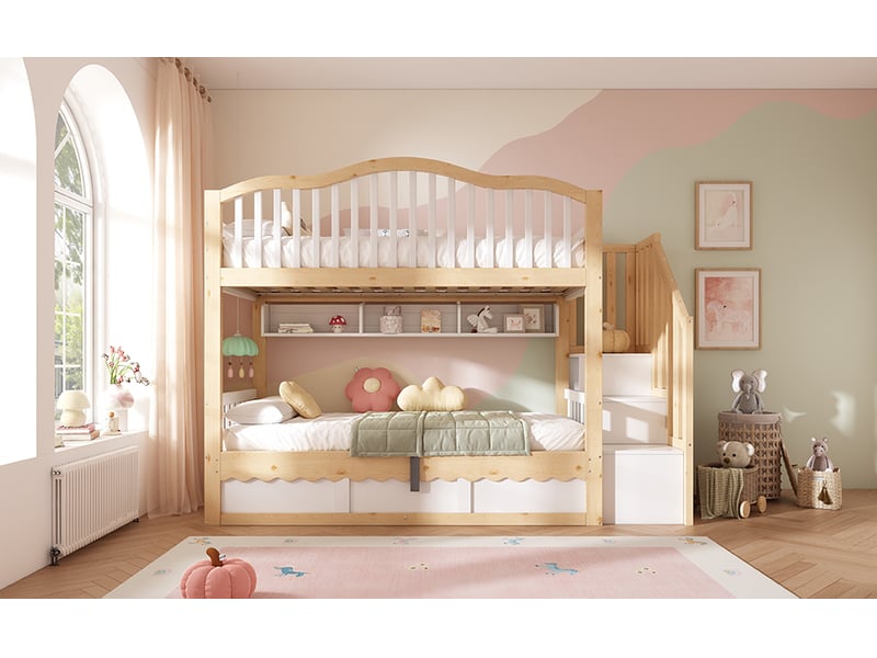 Lits superposés 90x200 cm en bois avec rangement hydraulique, échelle et étagères, blanc et chêne, 252x98x170 cm evarich - Conforama B