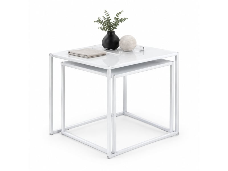  Tables basses gigognes carrées en lot de 2 avec structure en acier, charge 10 kg, style moderne, blanches pour salon  - Conforama A