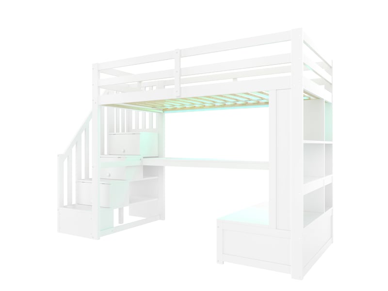  Lit mezzanine 90x200 cm blanc en mdf et pin, bureau avec étagères, 2 tiroirs et escalier de rangement  - Conforama D
