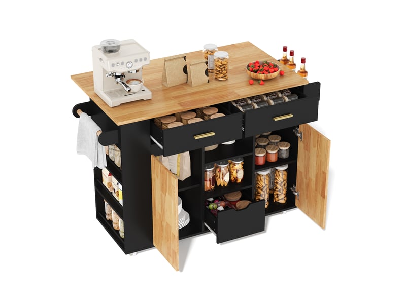 Desserte de cuisine à plateau rabattable, 3 tiroirs, 2 portes, roulettes verrouillables, noir naturel 120 × 71 × 90 cm - Conforama A