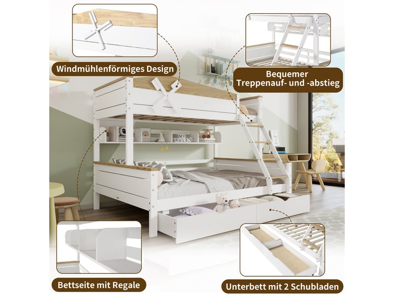  Lit superposé enfant avec moulin décoratif, étagères, échelle et tiroirs, 90x200cm&amp;140x200cm, blanc et naturel  - Conforama C
