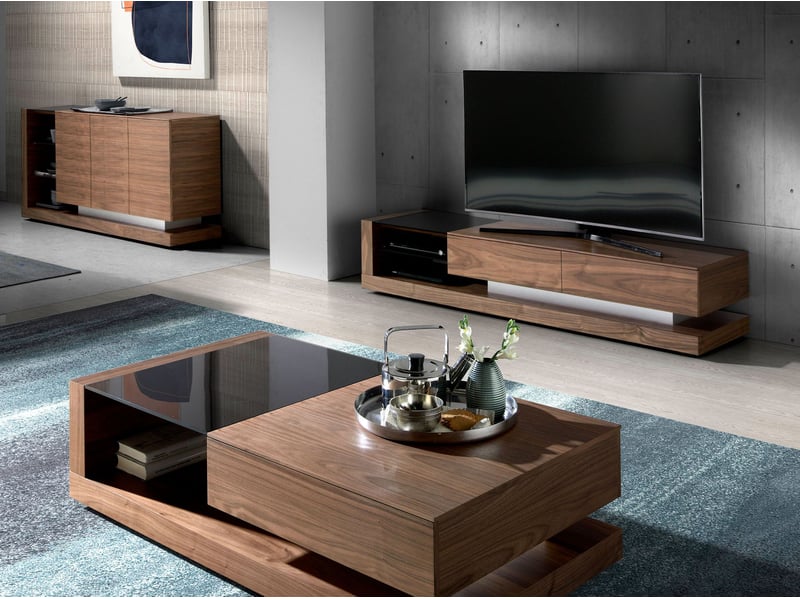 Meuble tv en bois de noyer et vitrail noir  - Conforama R