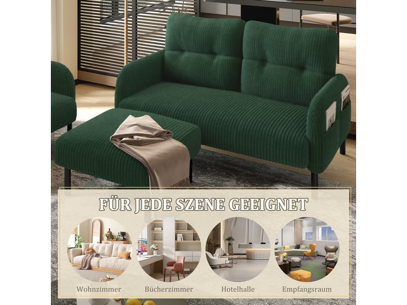 Canapé 2 places en velours côtelé vert émeraude avec fauteuil et pouf modulables pour salon - Conforama W