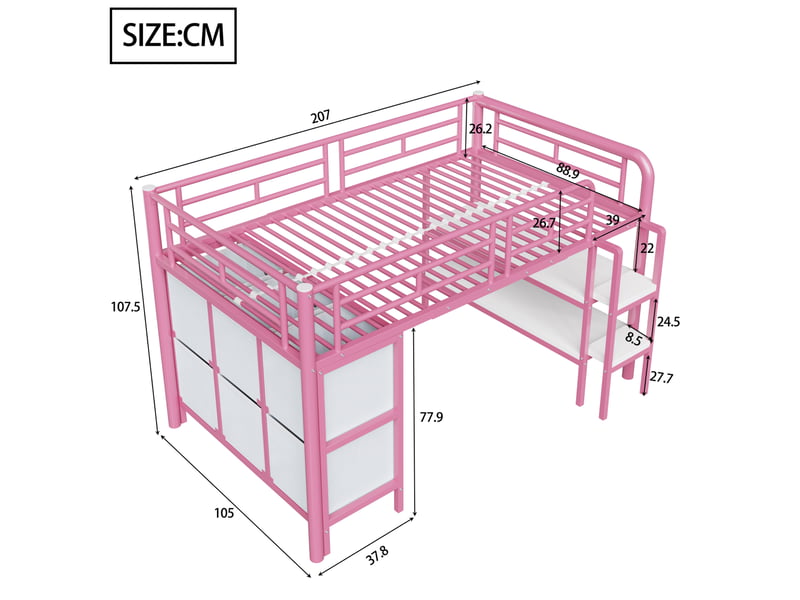  Lit mezzanine enfant 90 x 200 cm avec rangements, escalier et cadre rose  - Conforama C