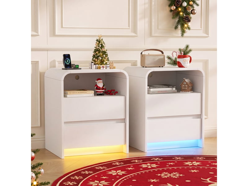  Table de chevet blanche lot de 2, avec éclairage led rgb, station de recharge 2 prises + usb‑c, 2 tiroirs + compartiment ouvert, conception sans poignée  - Conforama B