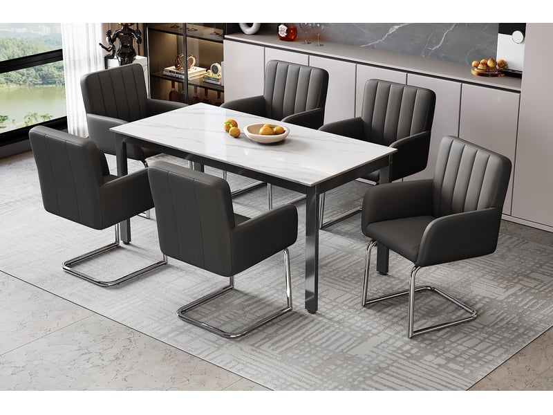  Lot de 6 chaises de salle à manger rembourrées avec accoudoirs et dossier ergonomique en polyuréthane noir  - Conforama E