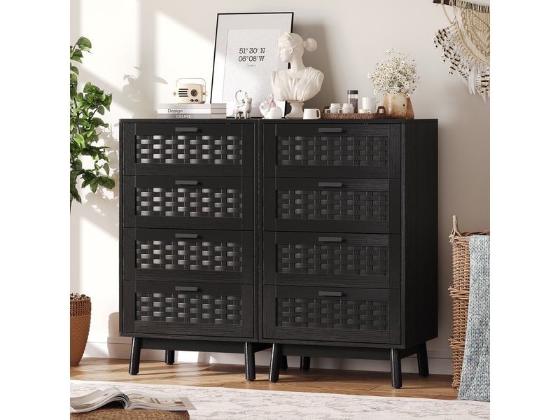  Commode 4 tiroirs effet rotin pvc - 55x40x95cm - meuble de rangement en bois - pieds bois - noir  - Conforama C