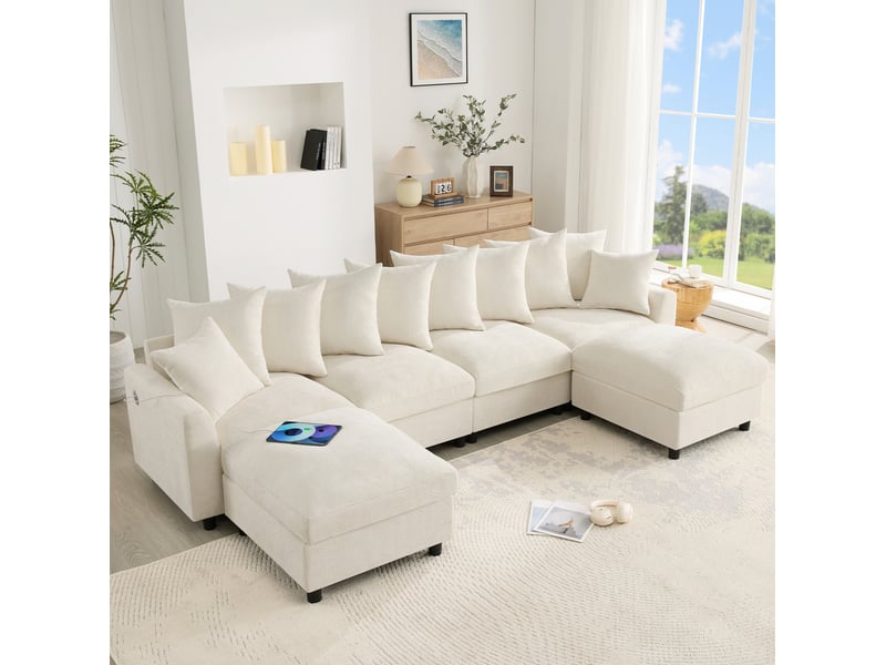 Canapé d'angle modulable 283x153,5x78,5 cm, 4 places avec 2 poufs, beige - Conforama B