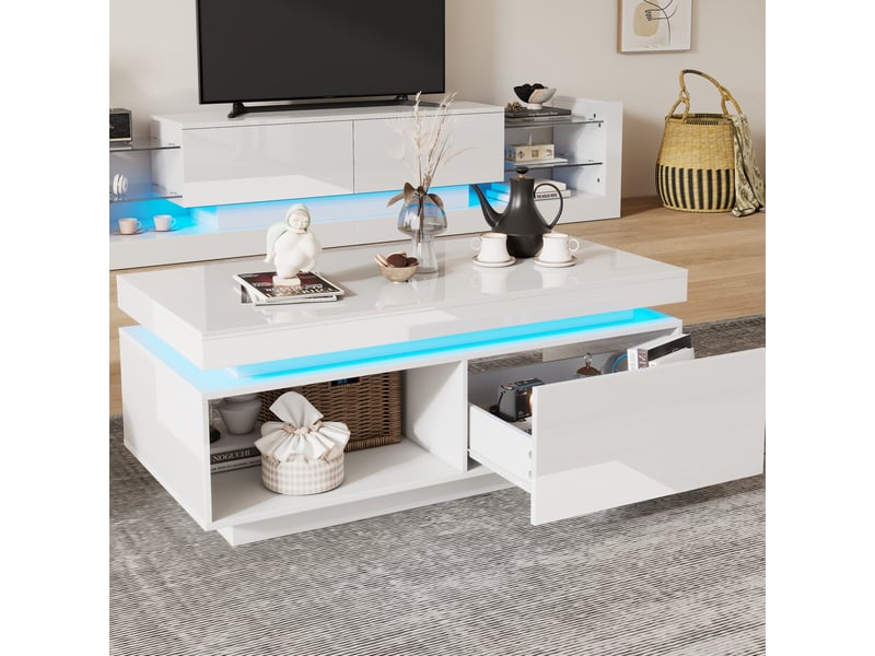  Table basse 100x50x40 cm moderne haute brillance led tiroir capacité 50 kg panneaux de particules finition blanc  - Conforama B