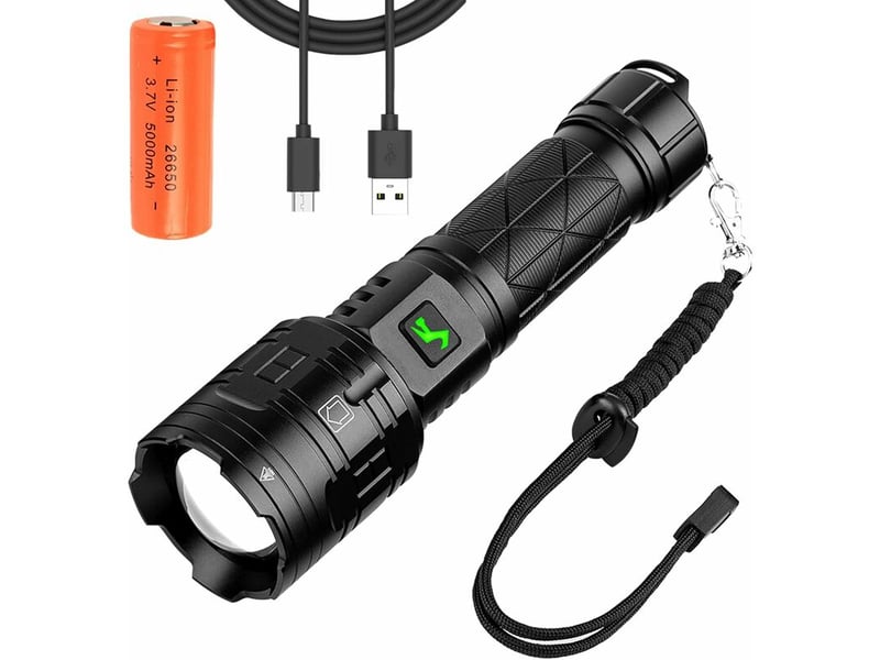 Lampe torche led ultra puissante, 15000 lumens lampe de poche rechargeable usb avec 5 modes d'éclairage, torches zoomables étanche ipx5 (batterie 2665 - Conforama A