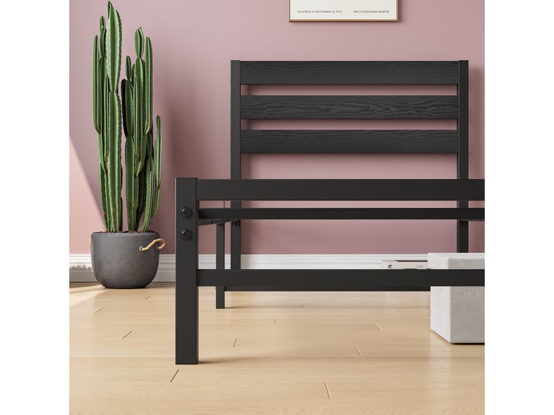  Lit simple métal 90 × 200 cm 1 place avec tête de lit, sans matelas, en mdf et métal, noir moderne  - Conforama E
