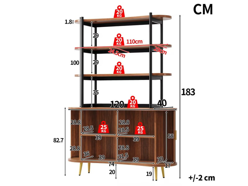  Buffet 120x40x183 cm avec portes coulissantes, étagères ouvertes, rangement fermé et pieds métal, meuble cuisine mdf OMNIGLINT TRADING LTD - Conforama C