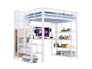 Lit mezzanine 140x200 cm – blanc – bureau avec étagères, escalier de rangement, led et prises – sans matelas