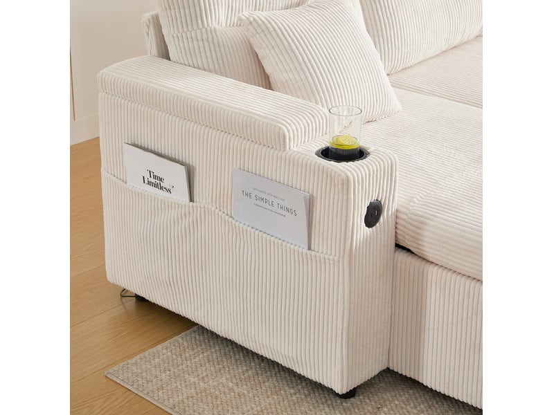 Canapé d’angle convertible 4 places en velours côtelé beige avec rangements, usb-c et porte-gobelets - Conforama D