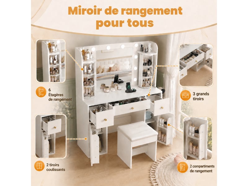  Coiffeuse blanche en panneaux de particules avec miroir, éclairage led réglable, 3 tiroirs et 2 placards. Dimensions : 115 x 40 x 142 cm.  - Conforama E
