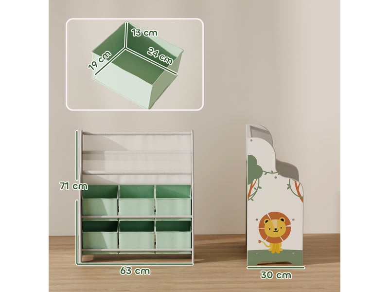  Meuble de rangement pour jouets avec 6 tiroirs en tissu et bibliothèque à 2 niveaux, bois et acier, 63 x 30 x 71 cm, vert  - Conforama D