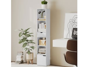 Bibliothèque 6 niveaux avec tiroir, porte et étagère réglable à 3 positions pour salon en bois blanc 30 × 24 × 158 cm