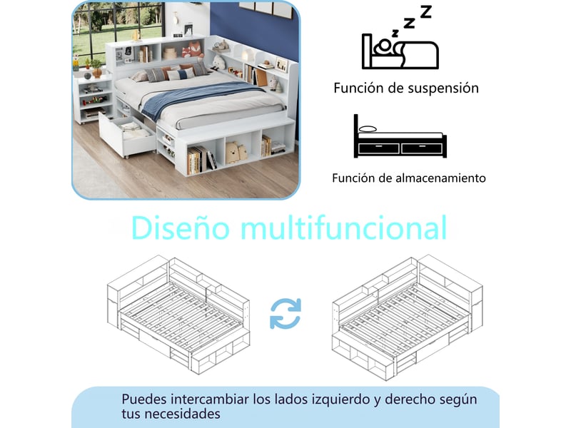  Lit enfant, 140 x 190 cm, lit simple, lit enfant multifonctionnel avec tiroirs et étagères, grand espace de rangement, sommier à lattes, matelas non inclus, blanc.  - Conforama D