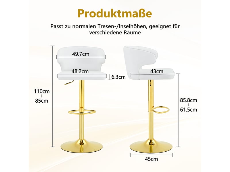  Tabourets de bar lot de 2 réglables et pivotants - lpospi - dossier ergonomique, repose-pieds, pu - blanc  - Conforama D