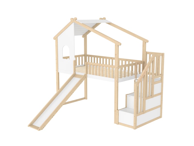  Lit mezzanine naturel et blanc 90 × 200 cm, échelle avec rangement, toboggan et fenêtre  - Conforama D