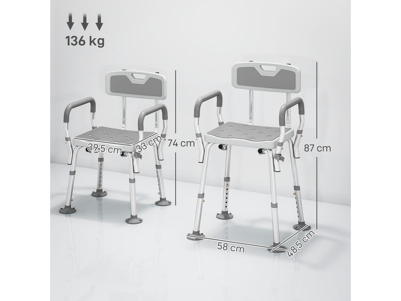 Tabouret de douche ergonomique avec hauteur réglable et pieds antidérapants 56,5 x 53,5 x 87 cm blanc et gris - Conforama C