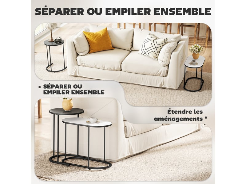  Lot de 2 tables basses gigognes, cadre en métal gris et blanc, tables d'appoint empilable style contemporain  - Conforama D