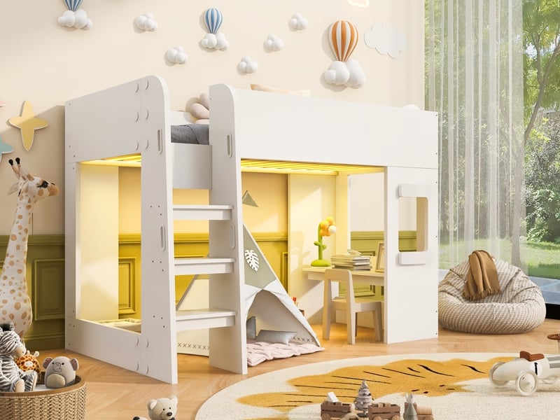 Lit mezzanine 90 × 200 cm, avec bande lumineuse, petit bureau et barrière de sécurité haute, blanc - Conforama B