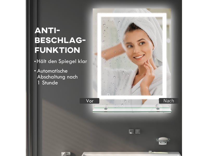 Miroir lumineux de salle de bain à led tactile antibuée avec tablette en verre transparent 70 × 50 × 2,7 cm - Conforama E