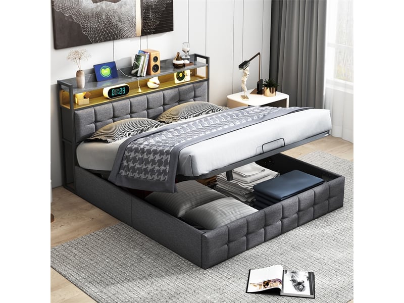  Lit 140x190cm - lit coffre 140x190cm - lit rembourré avec sommier hydraulique led prises et étagère - gris  - Conforama C