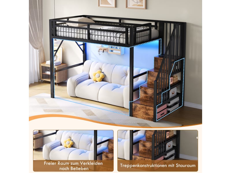  Lit surélevé 90 x 200 cm noir, led, marches avec rangement, espace ouvert, structure métallique, sans matelas  - Conforama E