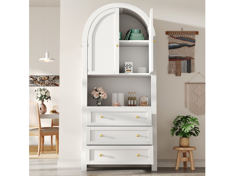  Vaisselier haut blanc 70 x 35 x 180 cm avec 3 tiroirs, portes et niche ouverte  - Conforama E