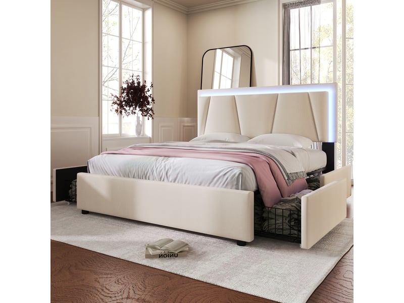  Lit double beige 140x200 cm, tête de lit réglable, 4 tiroirs, led intégré, sommier à lattes bois, sans matelas  - Conforama B