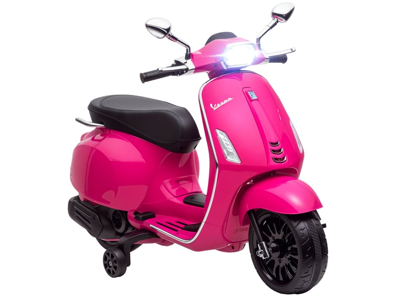  Moto vespa électrique pour enfants sous licence, avec stabilisateurs, phare et musique, en pp et métal, 107 x 47 x 73 cm, rose  - Conforama A