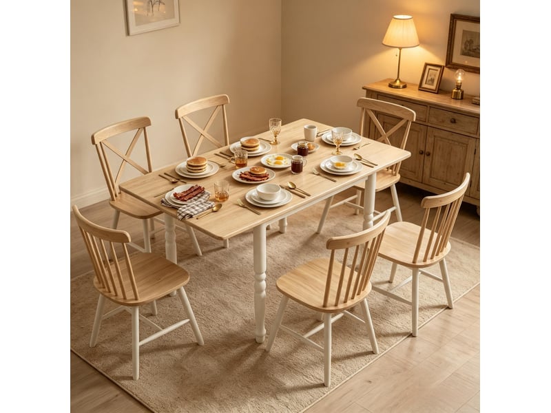  Table de salle à manger extensible 2 à 6 personnes avec 2 rallonges, pieds en acier, naturel et blanc 134 × 80 × 75 cm  - Conforama B