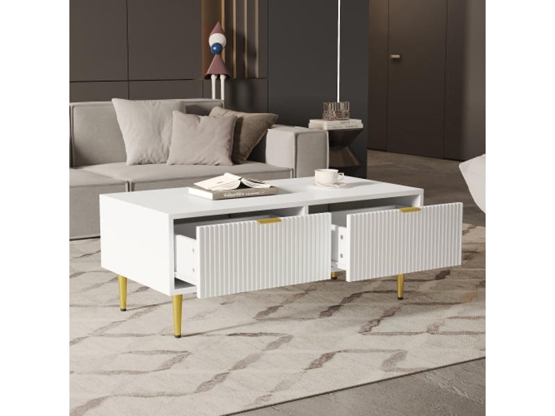 Table basse rectangulaire blanc avec 2 tiroirs - 50x110 cm mdf table basse blanc - Conforama B