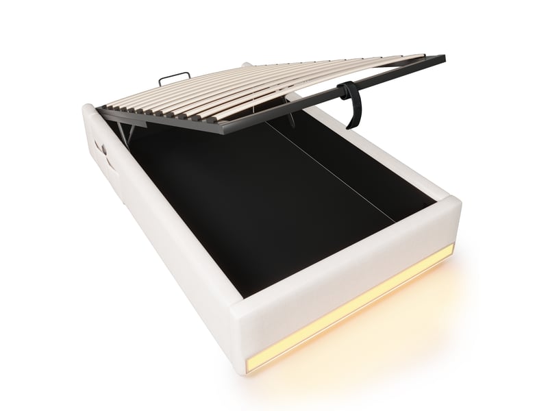  Lit coffre 90x200 cm beige avec led, usb et type-c, poches de rangement, sans tête de lit  - Conforama D