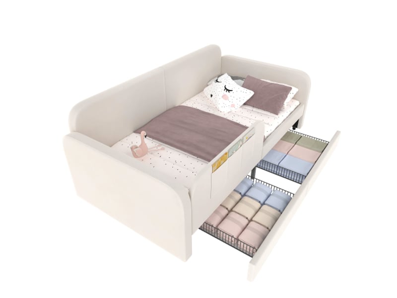  Lit enfant 90x200 cm avec 2 tiroirs à roulettes, 3 petites poches, en velours, sans matelas, blanc  - Conforama A