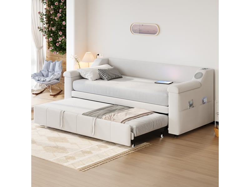 Lit enfant 90-180x190 cm, canapé-lit convertible avec accoudoirs, port usb et sommier, velours, beige, sans matelas  - Conforama W