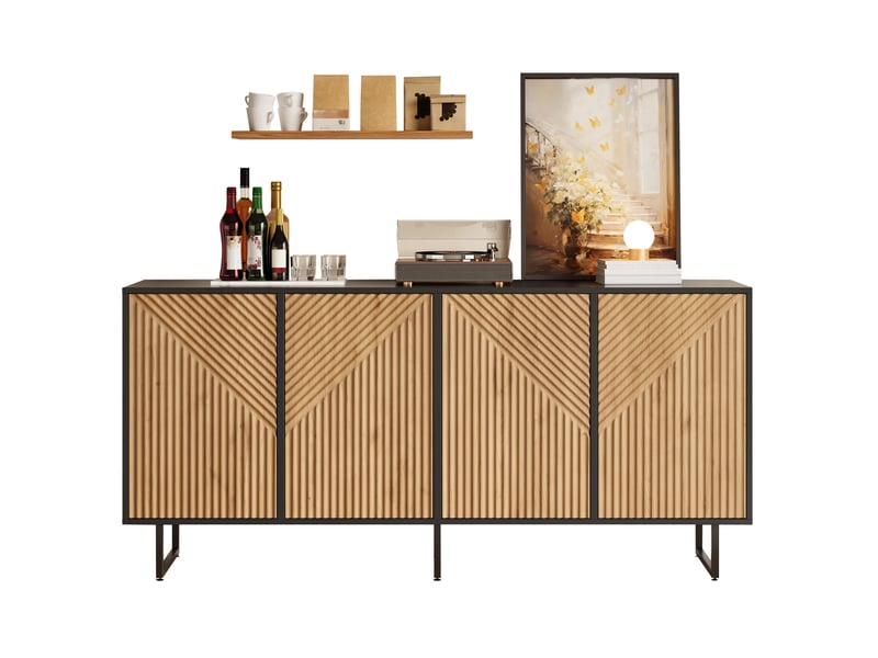  Buffet de salon 160x40x75cm avec 4 portes, meuble de rangement, meuble de salon, panneau de particules, coloris naturel et noir  - Conforama A