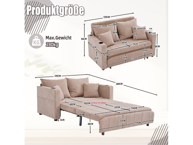 Canapé-lit convertible 2 places en tissu kaki avec usb, porte-gobelets et poche de rangement pratique au quotidien - Conforama C