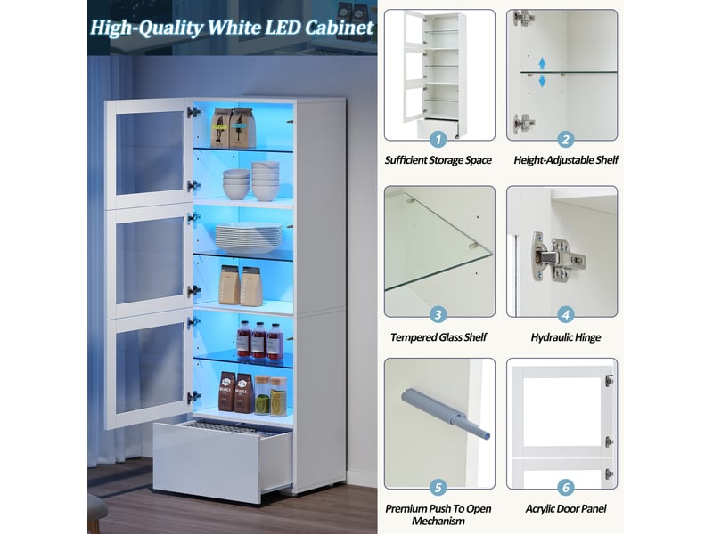  Vitrine haute 60x40x173 cm, 3 portes acrylique, led, tiroir, façade brillante, mdf et verre trempé, blanc  - Conforama D