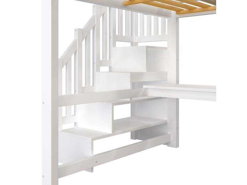  Lit mezzanine 140x200 cm blanc avec bureau intégré, armoire, étagères, escalier rangement et usb led  - Conforama D