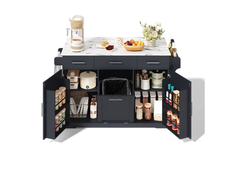  Desserte de cuisine avec 3 tiroirs, 2 étagères de porte, poubelle et prises, sur roulettes, en mdf, 136×50(75)×92 cm  - Conforama A