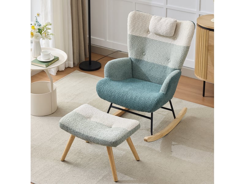  Fauteuil à bascule 83x65,5x95 cm, dossier 60 cm, poche latérale, coussin épais, pieds bois, bouclé multicolore  - Conforama W