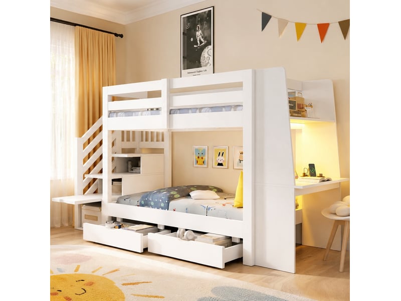  Lit superposé 90x200 cm avec bureau, escalier et tiroirs, blanc  - Conforama D
